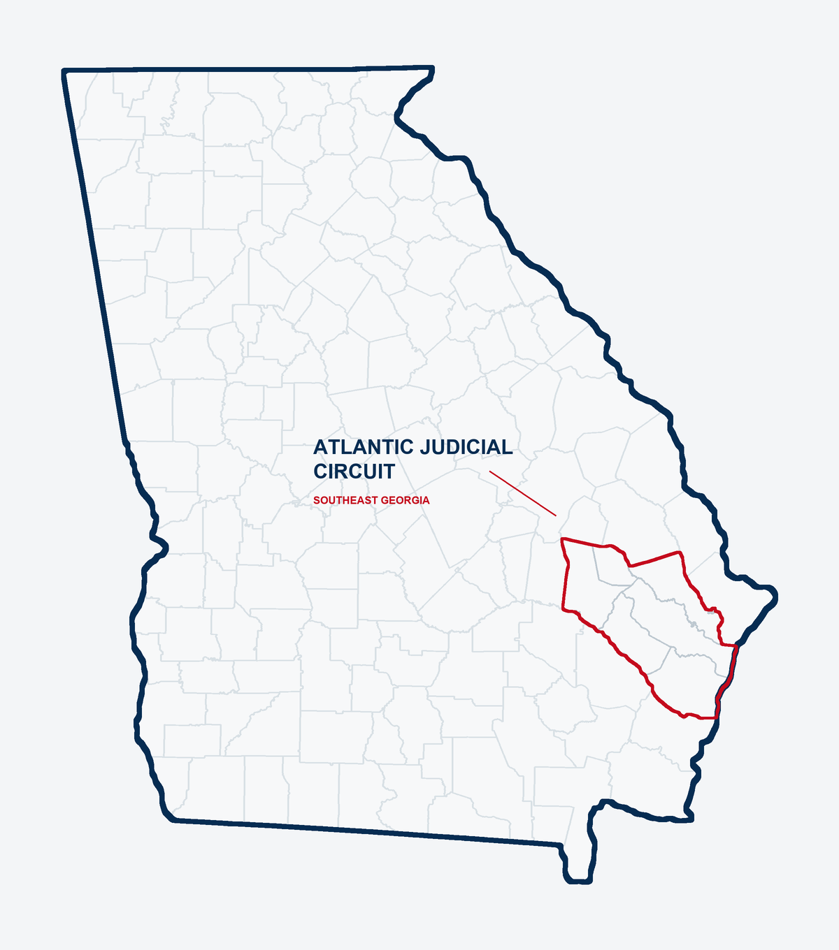 Georgia county map labeled Atlantic Judicial Circuit, Southeast Georgia. The red-outlined circuit includes Bryan, Evans, Liberty, Long, McIntosh, and Tattnall Counties.